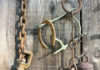 Rusted horse tack on a barn door