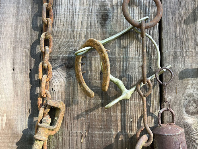 Rusted horse tack on a barn door