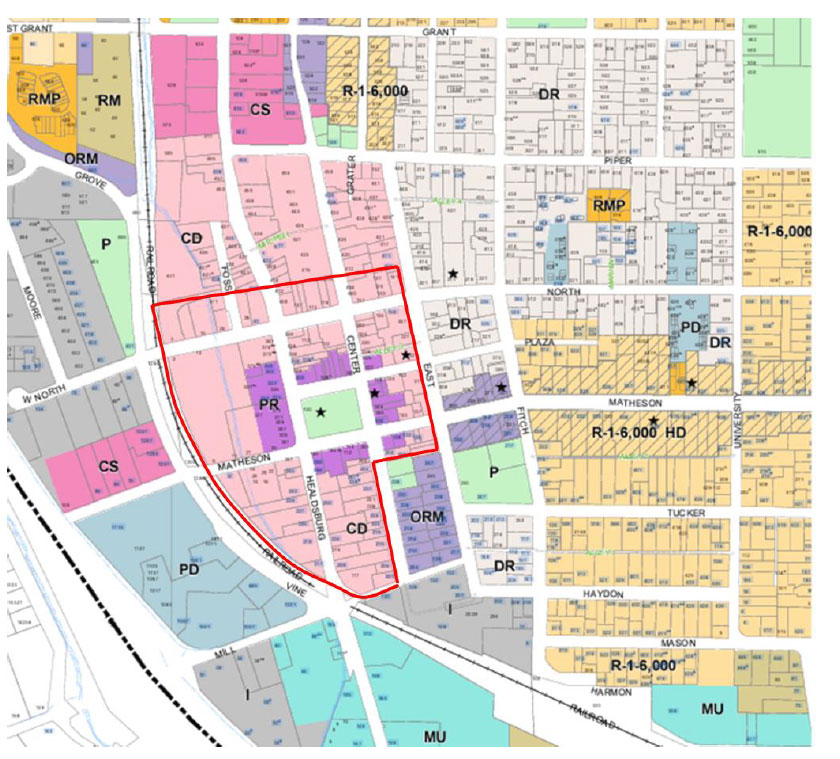 Map of Healdsburg downtown with retail exclusion zone shown