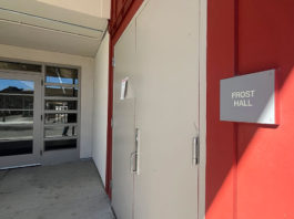 The Frost Hall sign on what is now the Drew Esquivel Gym