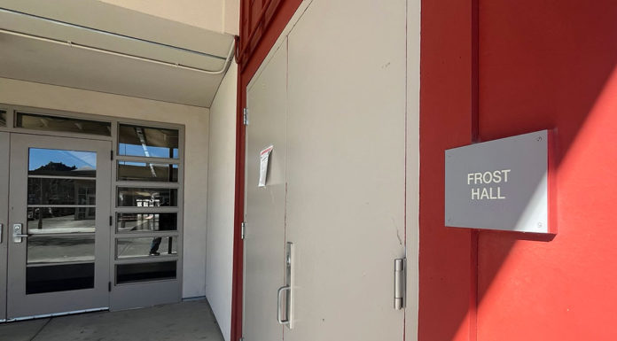 The Frost Hall sign on what is now the Drew Esquivel Gym